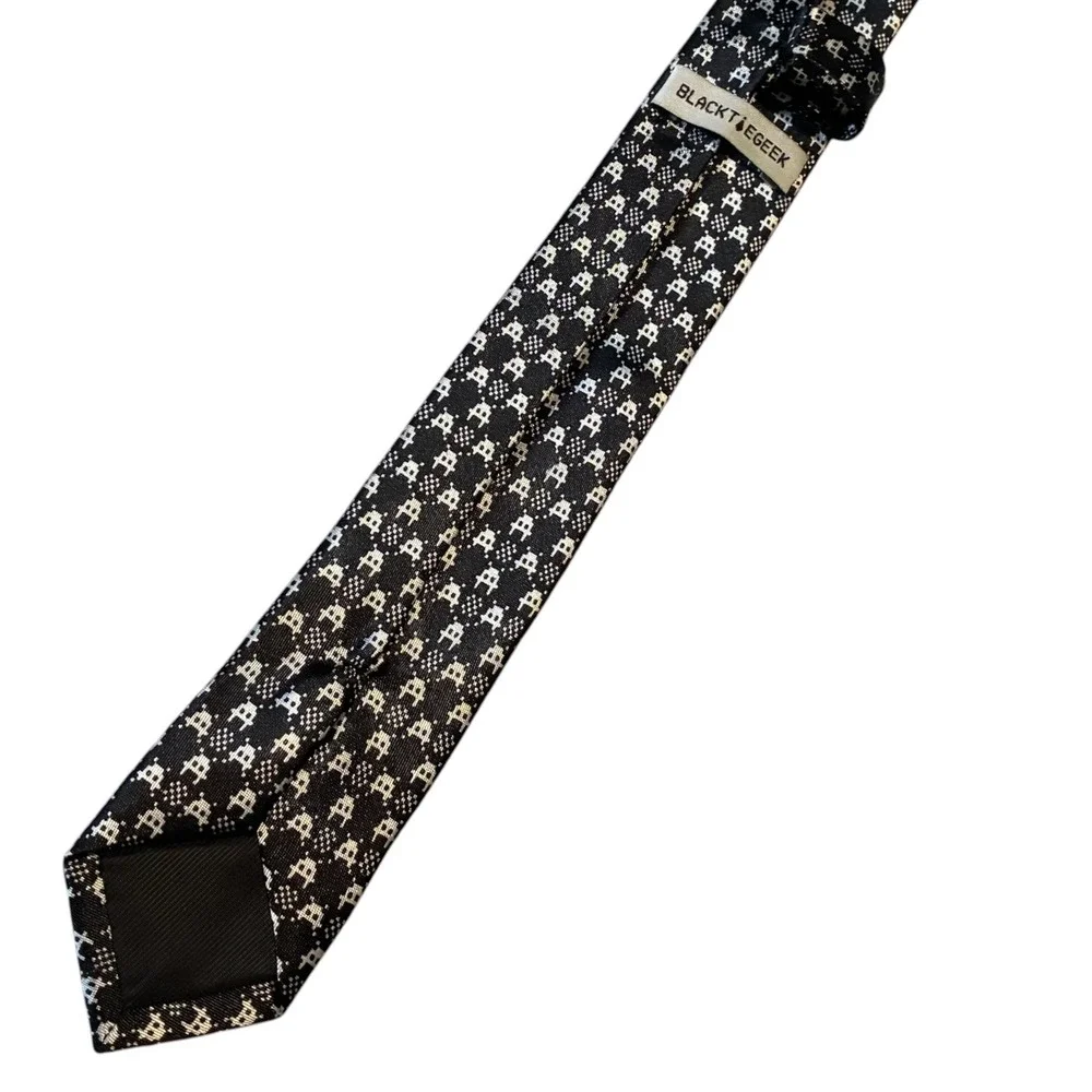Black Tie Geek Space Invaders Retro 8-Bit Pixel Art Gaming Necktie Black Silver